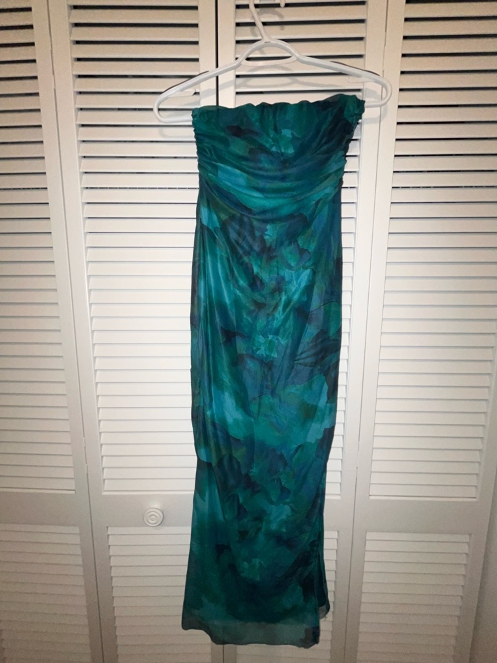 Strapless Teal & Emerald Watercolor Column Gown